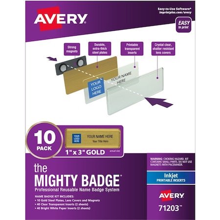 The Mighty Badge Badge Kit, Magnetic, Inkjet, Reusable, 1"x3", 10/PK, Gold 5PK AVE71203